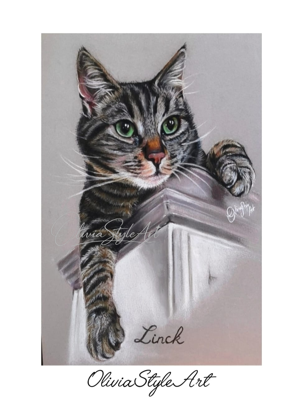 Portrait au pastel de Linck, chat tigré aux yeux verts